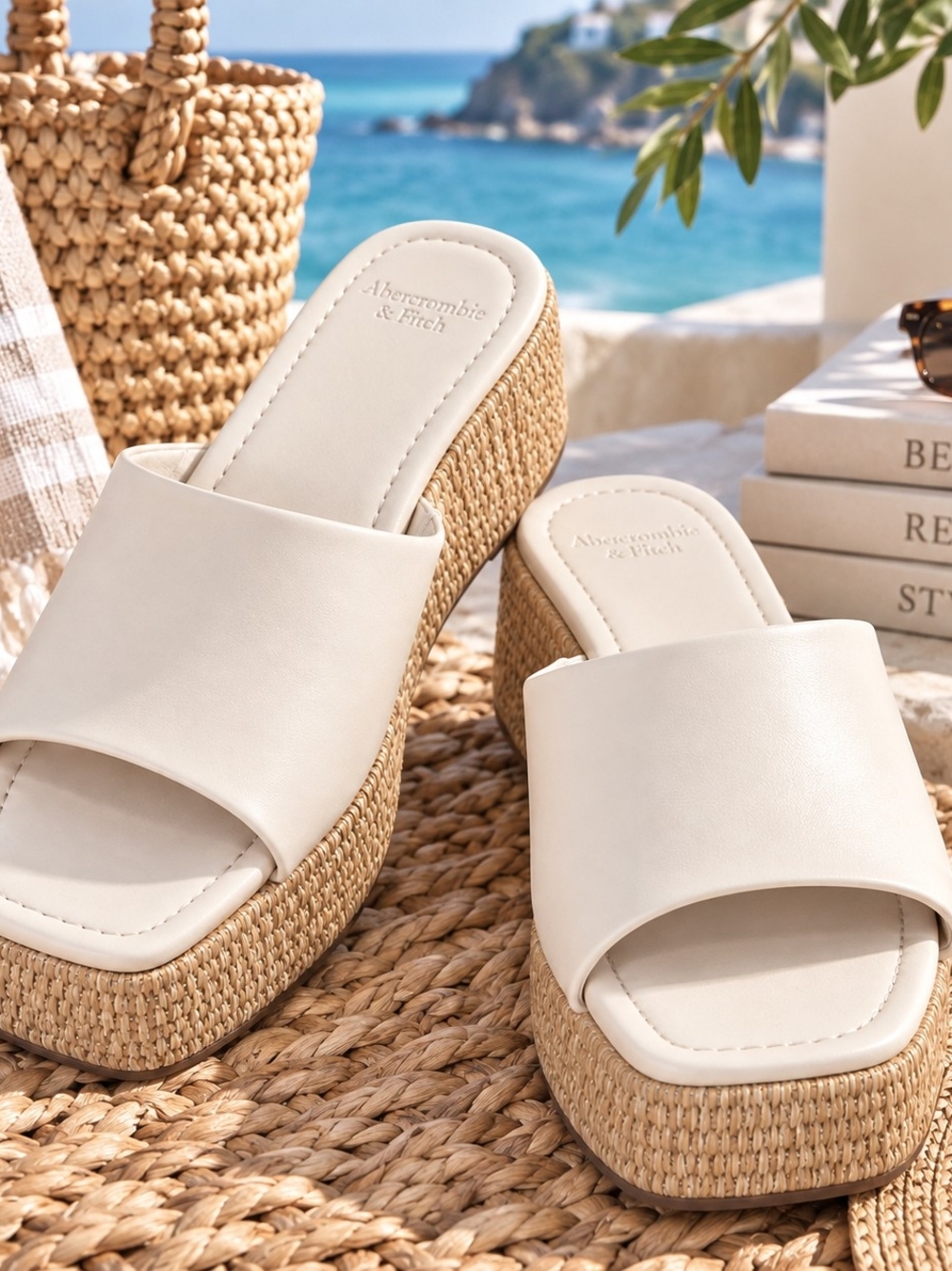 Abercrombie & Fitch Womens 8.5 Platform Slide Sandals Raffia Coastal Resort Vaca